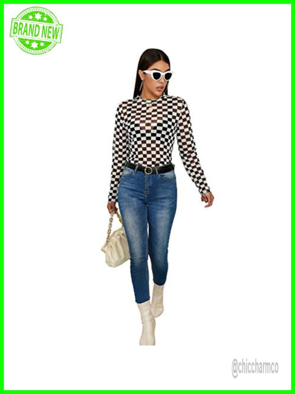 Sheer Mesh Checkered Print T-Shirt Short Sleeve Crop Top